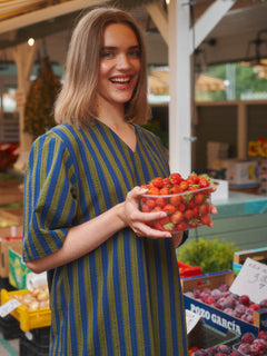 Stripy Seersucker Dress With Belt Green/Blue