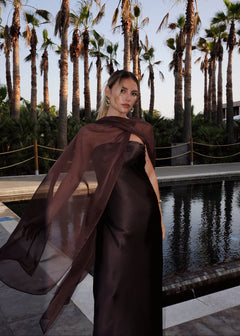 La Noche Strapless Satin Gown with Shawl Dark Brown
