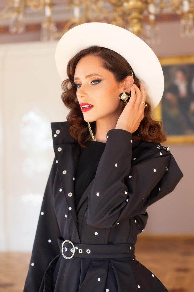 Fit and Flare Raincoat with A-Line Hem Polka Dots Black