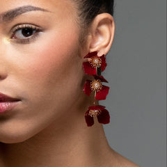 Triple Apple Flower Stud Earrings Red