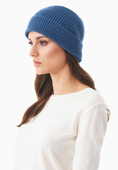 Ribbed Merino Wool Blend Beanie Blue