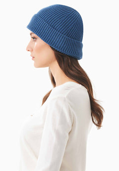 Ribbed Merino Wool Blend Beanie Blue