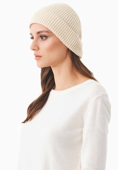 Ribbed Merino Wool Blend Beanie Off White