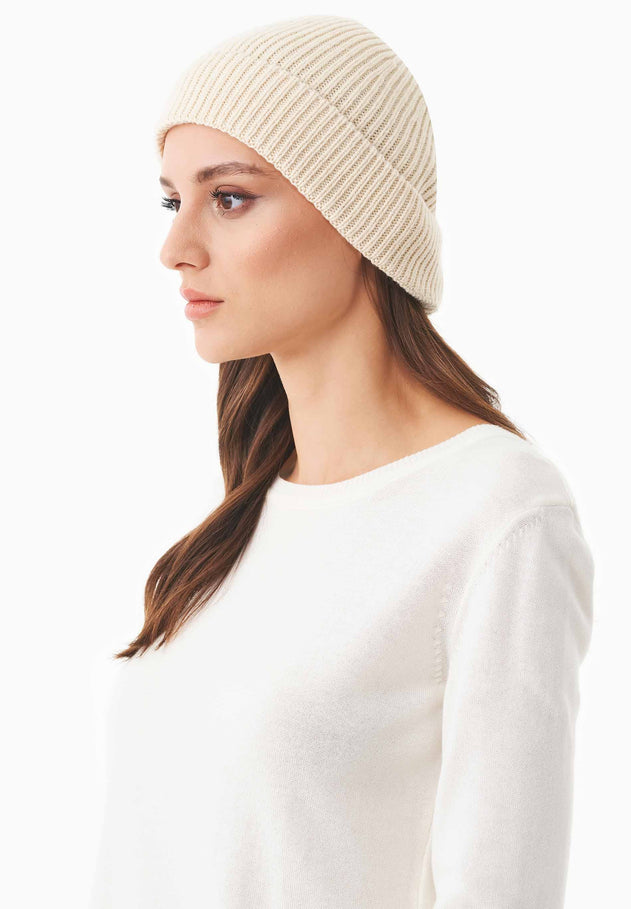 Ribbed Merino Wool Blend Beanie Off White