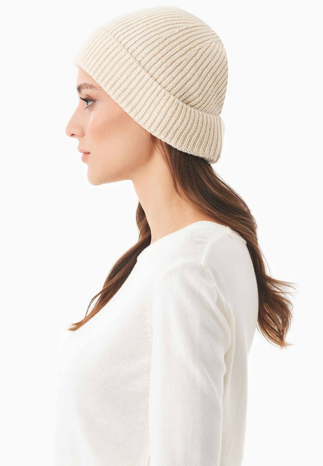 Ribbed Merino Wool Blend Beanie Off White