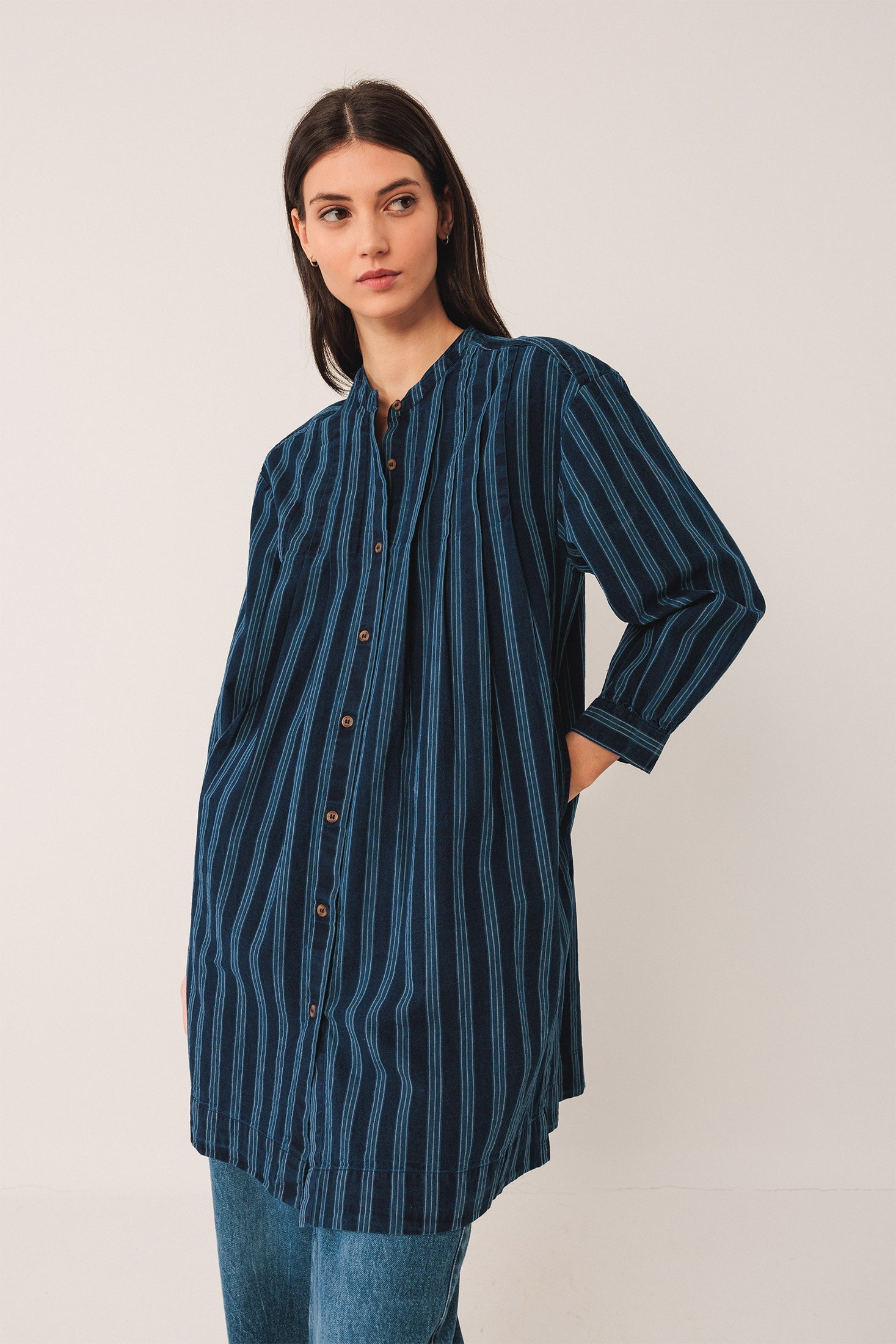 Pleated Cotton Shirt Dress Blue