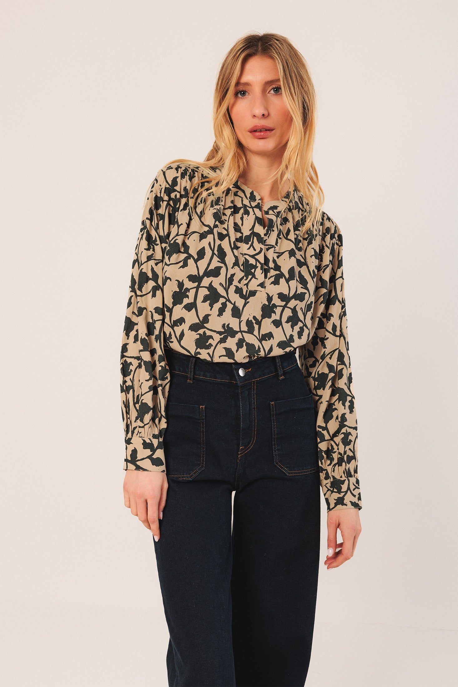 Mao Collar Blouse Beige