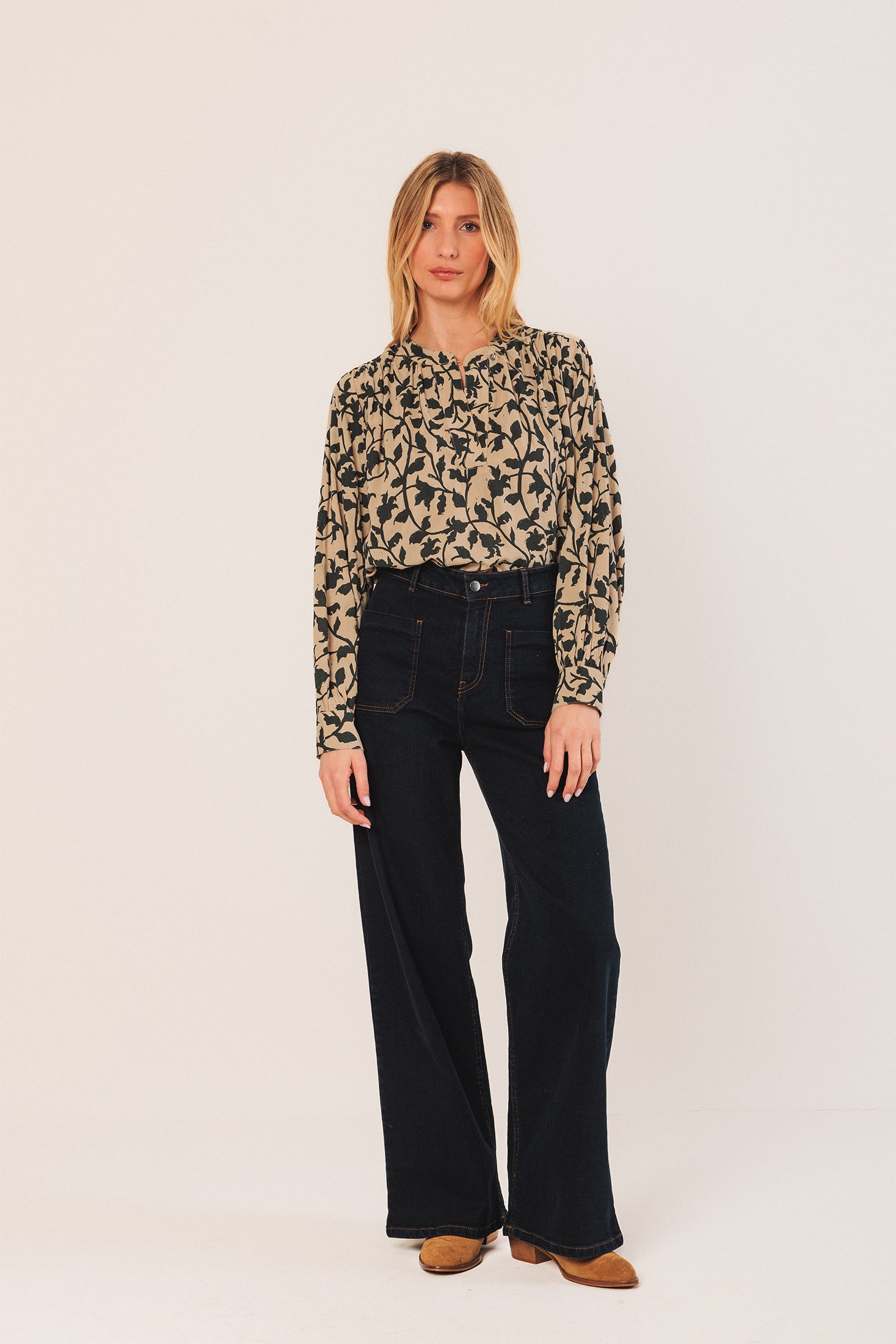 Mao Collar Blouse Beige