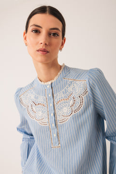 Embroidered Poplin Blouse Blue