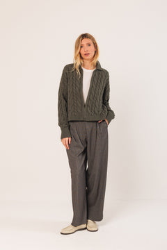 Cotton Cable Knit Cardigan Khaki