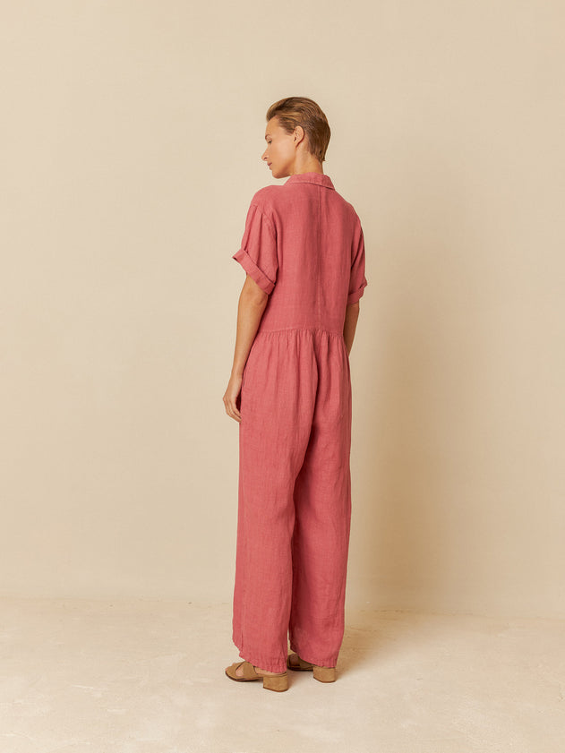 Linen Shirt Jumpsuit Red