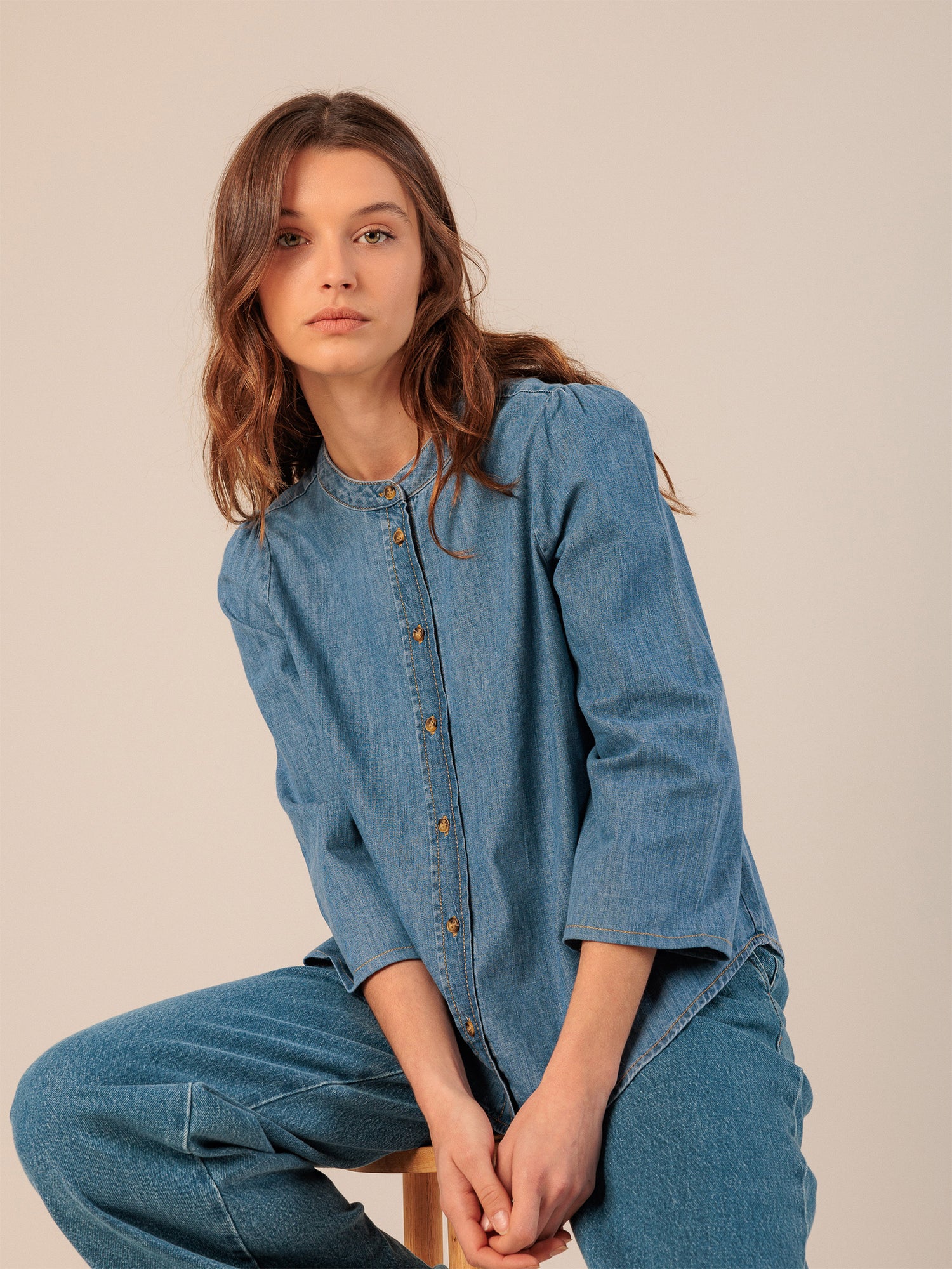 Mao Collar Denim Shirt