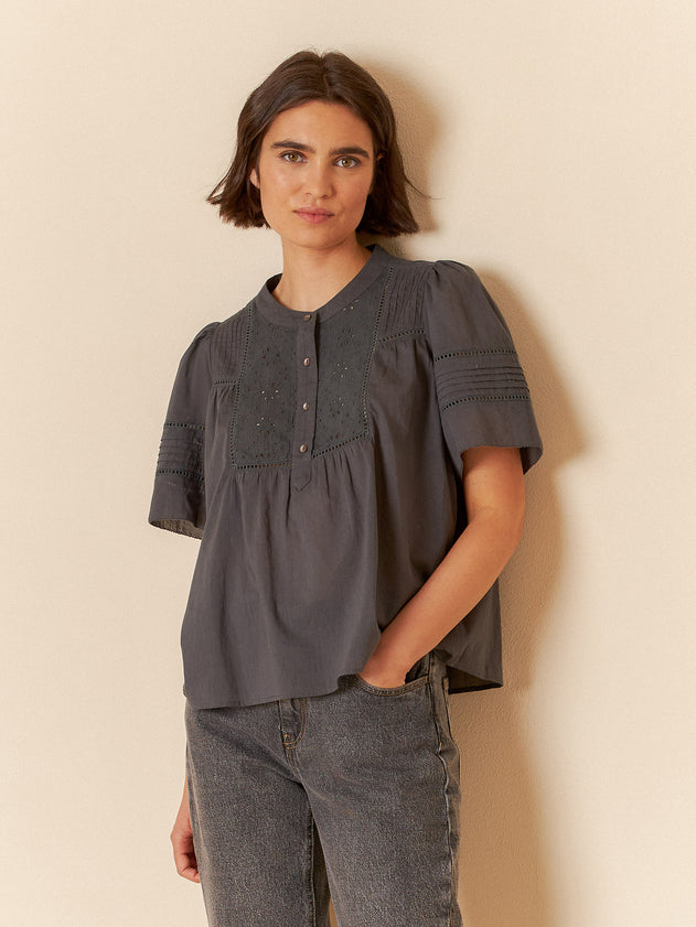 Embroidered Voile Blouse Charcoal