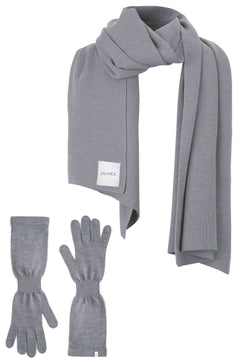 Via Merino Wool Scarf & Gloves Set Light Grey