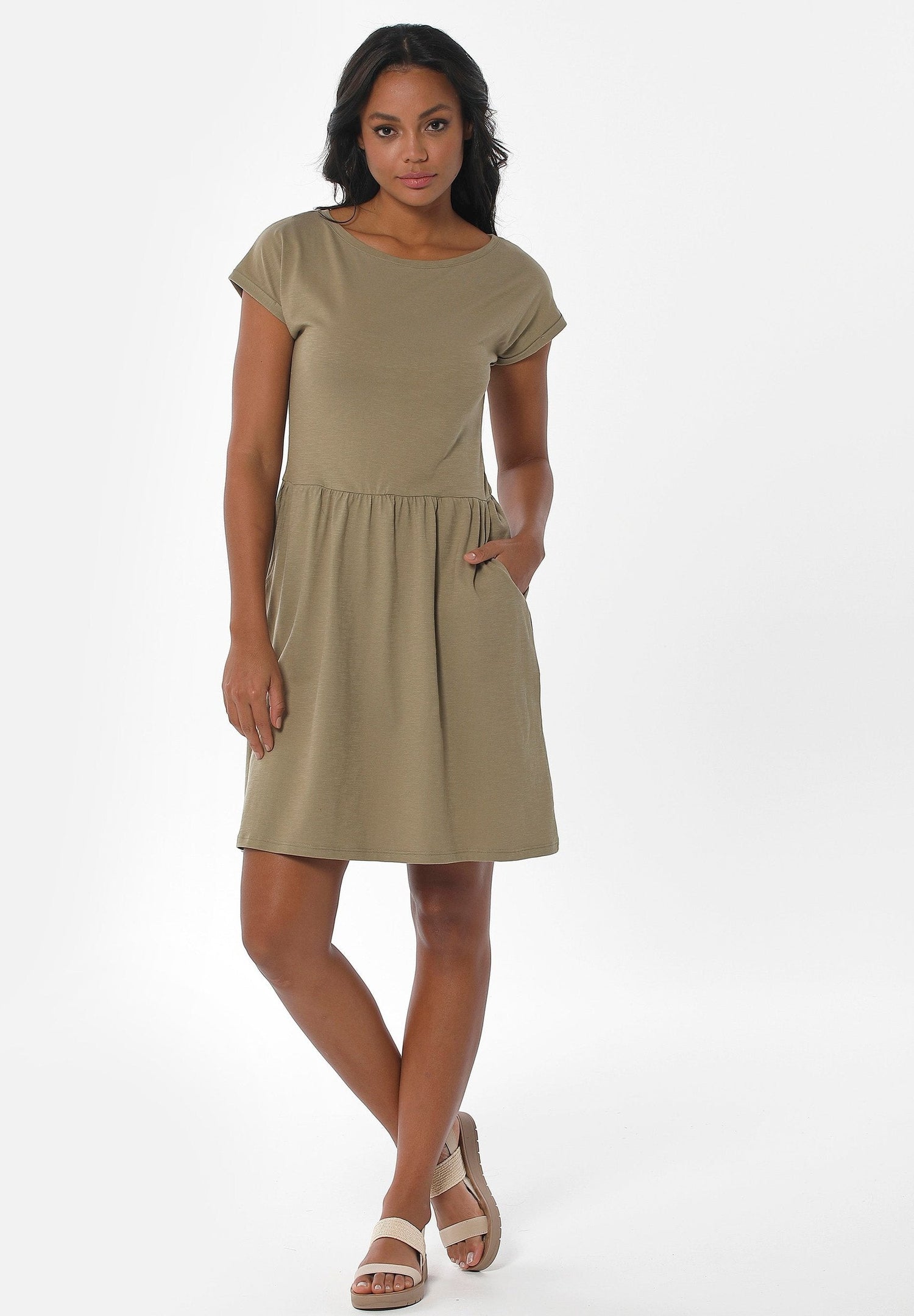 Slub Jersey Dress With Side Pockets Olive Green
