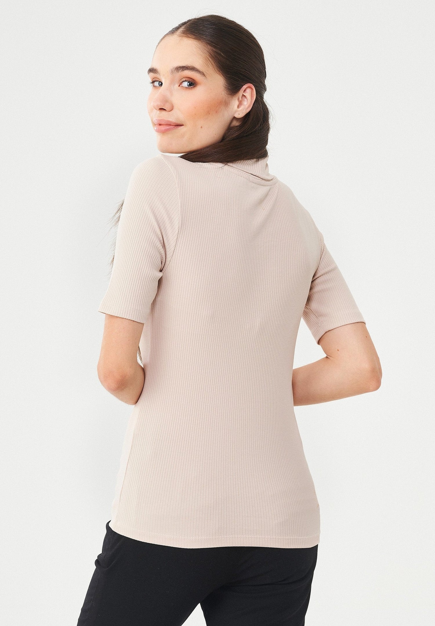 Women's Short Sleeved Cotton Turtleneck Stone