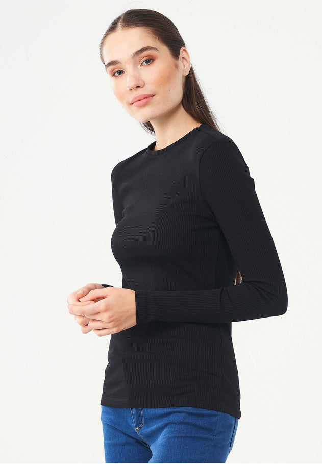 Women's Ribbed Round Neck Long-Sleeved Top Black