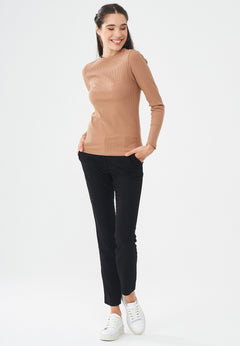 Women's Ribbed Round Neck Long-Sleeved Top Light Brown