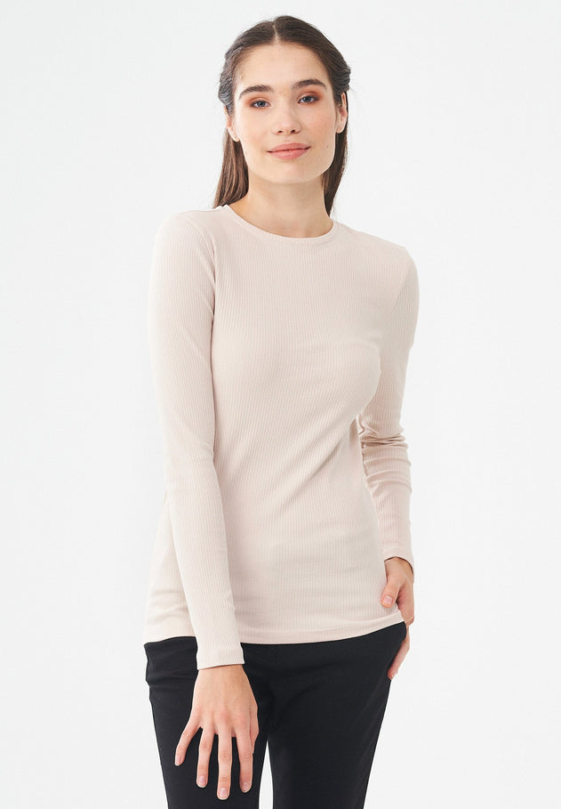 Women's Ribbed Round Neck Long-Sleeved Top Stone