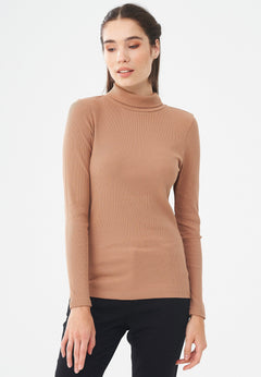 Women's Long Sleeved Cotton Turtleneck Light Brown
