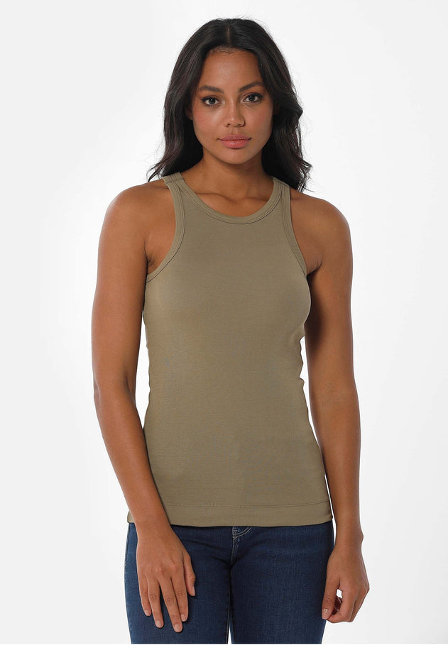 Women's High Neckline Ribbed Top Olive Green