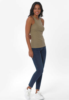Women's High Neckline Ribbed Top Olive Green