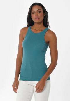 Women's High Neckline Ribbed Top Petrol Green