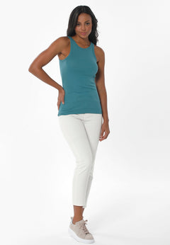 Women's High Neckline Ribbed Top Petrol Green