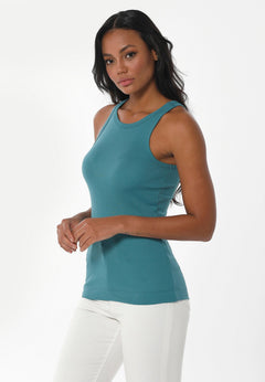 Women's High Neckline Ribbed Top Petrol Green