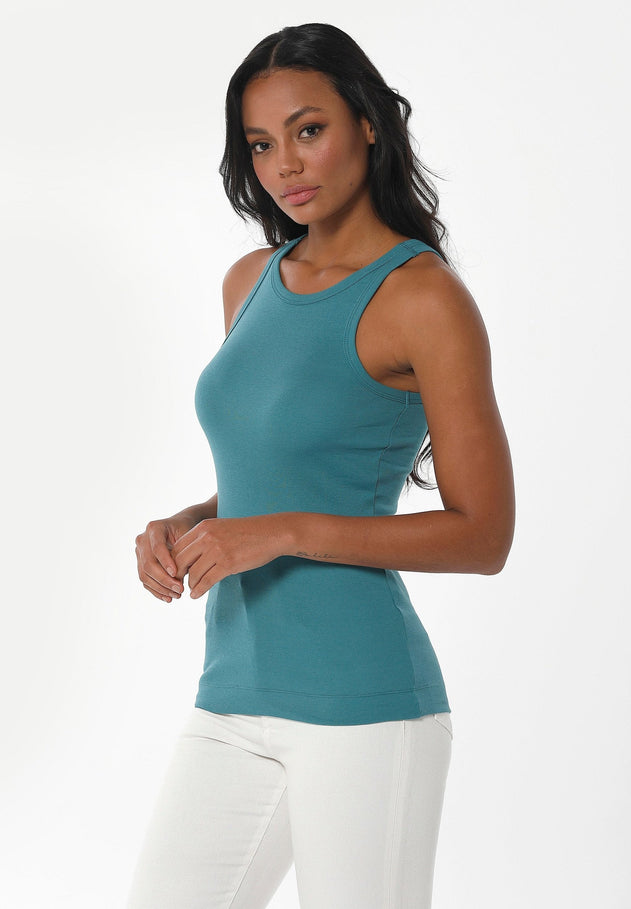 Women's High Neckline Ribbed Top Petrol Green
