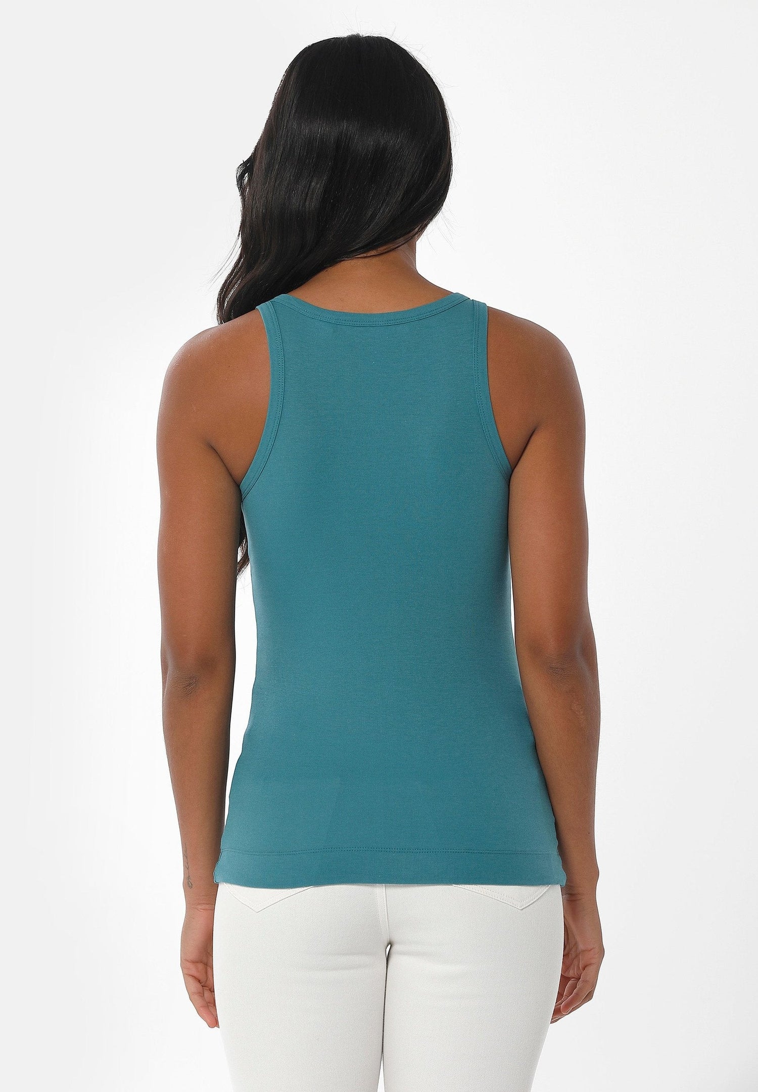 Women's High Neckline Ribbed Top Petrol Green