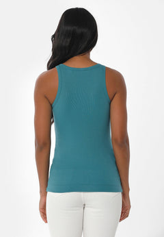 Women's High Neckline Ribbed Top Petrol Green