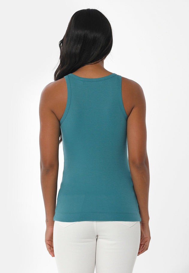 Women's High Neckline Ribbed Top Petrol Green