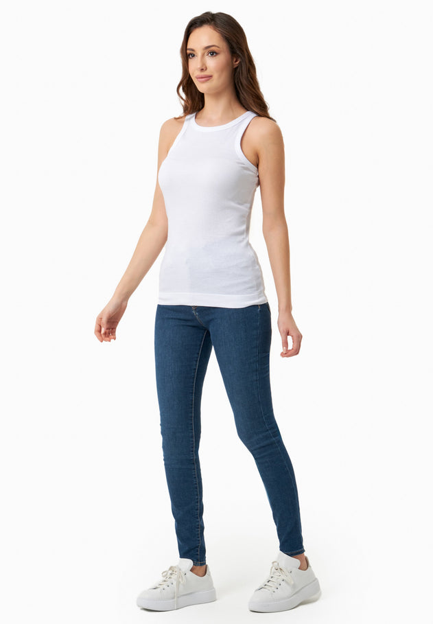 Women's High Neckline Ribbed Top White