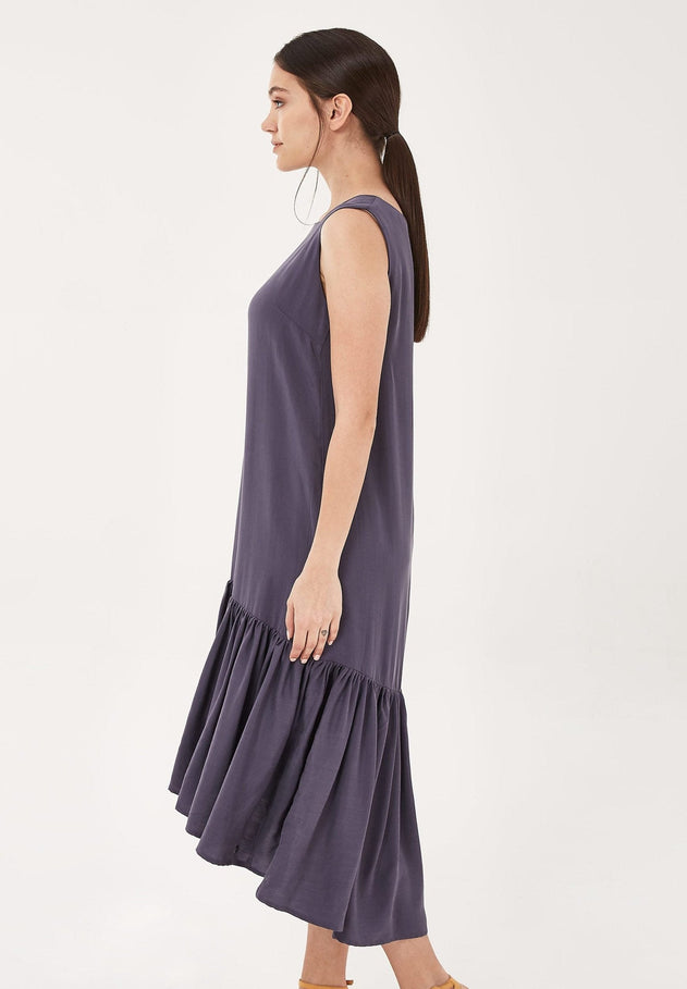 Loose Fit Lyocell Dress With Gathered Hem Steel