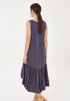 Loose Fit Lyocell Dress With Gathered Hem Steel