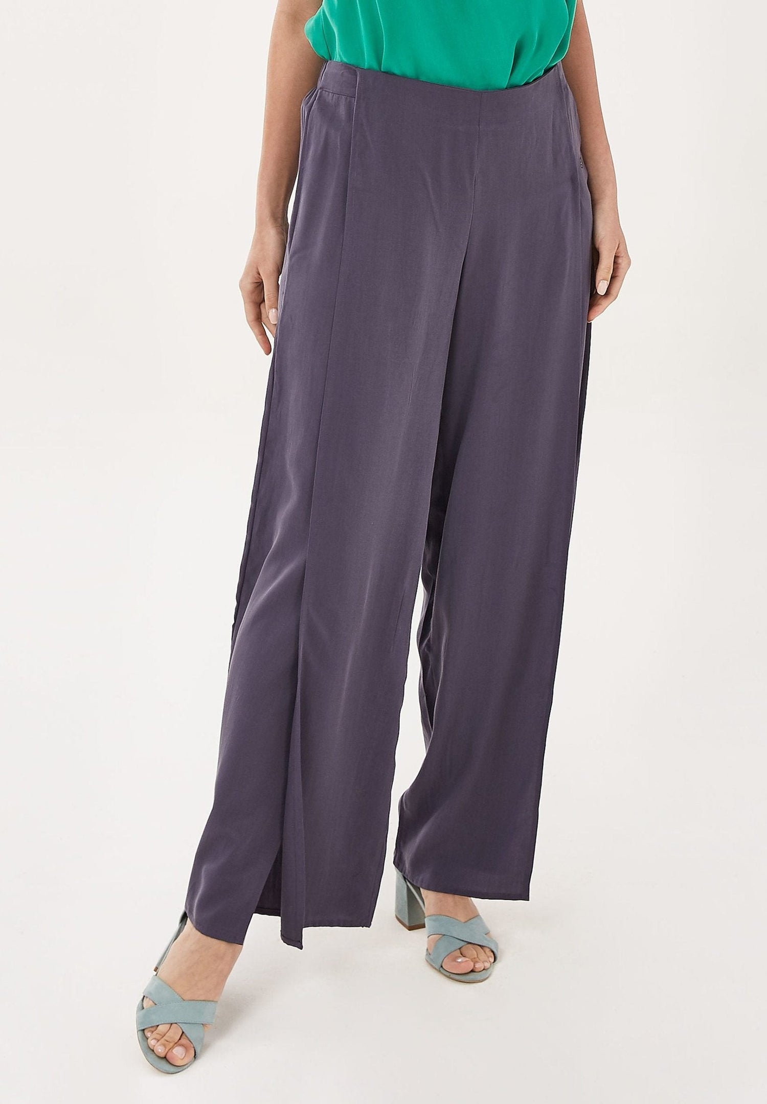Wide Leg Lyocell Pants With Slits Steel