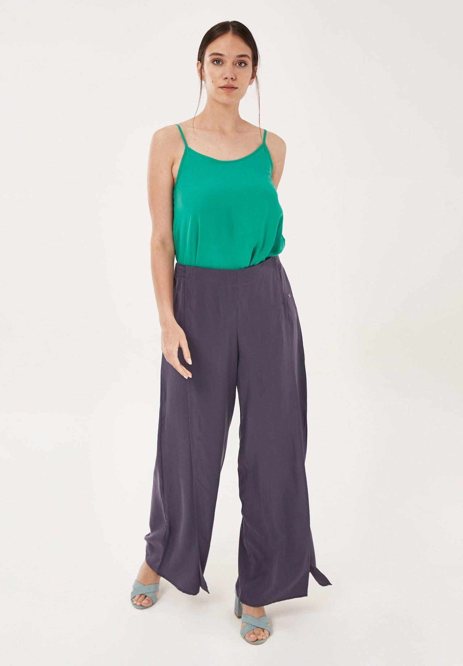 Wide Leg Lyocell Pants With Slits Steel