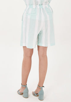 Loose Striped Linen Blend Shorts Emerald/White