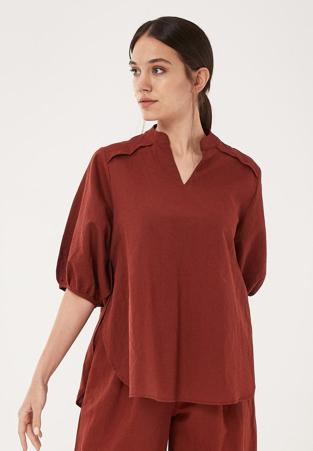 V-Neck Linen Cotton Blend Blouse Hot Chocolate