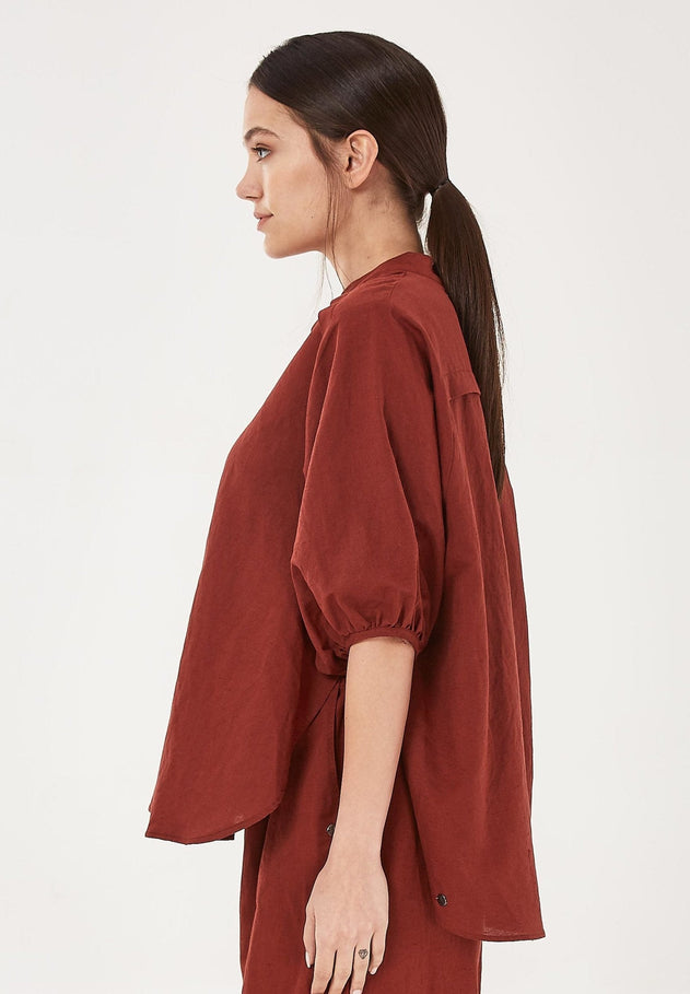 V-Neck Linen Cotton Blend Blouse Hot Chocolate