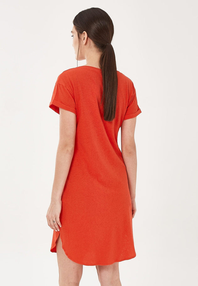 Linen Blend Jersey Dress With Fake Chest Pocket Red