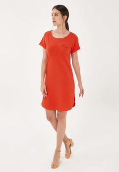 Linen Blend Jersey Dress With Fake Chest Pocket Red
