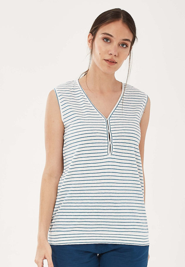 Yarn-Dyed Striped Linen Blend Top White / Ocean