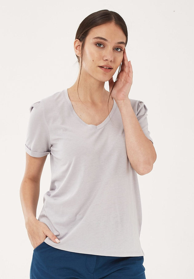 Lyocell Blend T-Shirt With Gathered Sleeves Cloud Grey