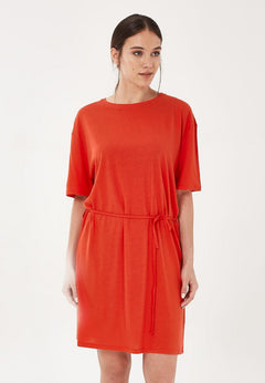 Loose Fit Belted Lyocell Blend Jersey Dress Red