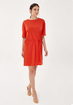 Loose Fit Belted Lyocell Blend Jersey Dress Red