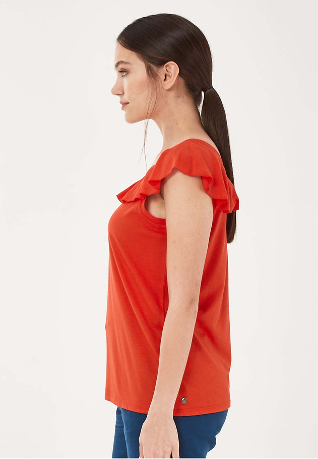 Sleeveless V-Neck Top With Shoulder Ruffle Red