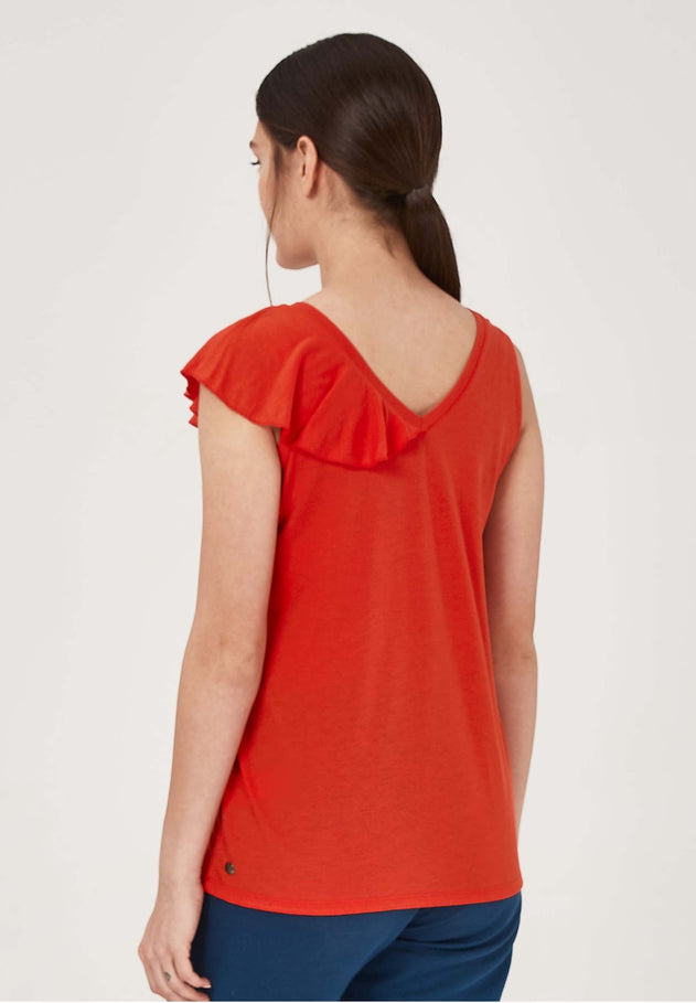 Sleeveless V-Neck Top With Shoulder Ruffle Red