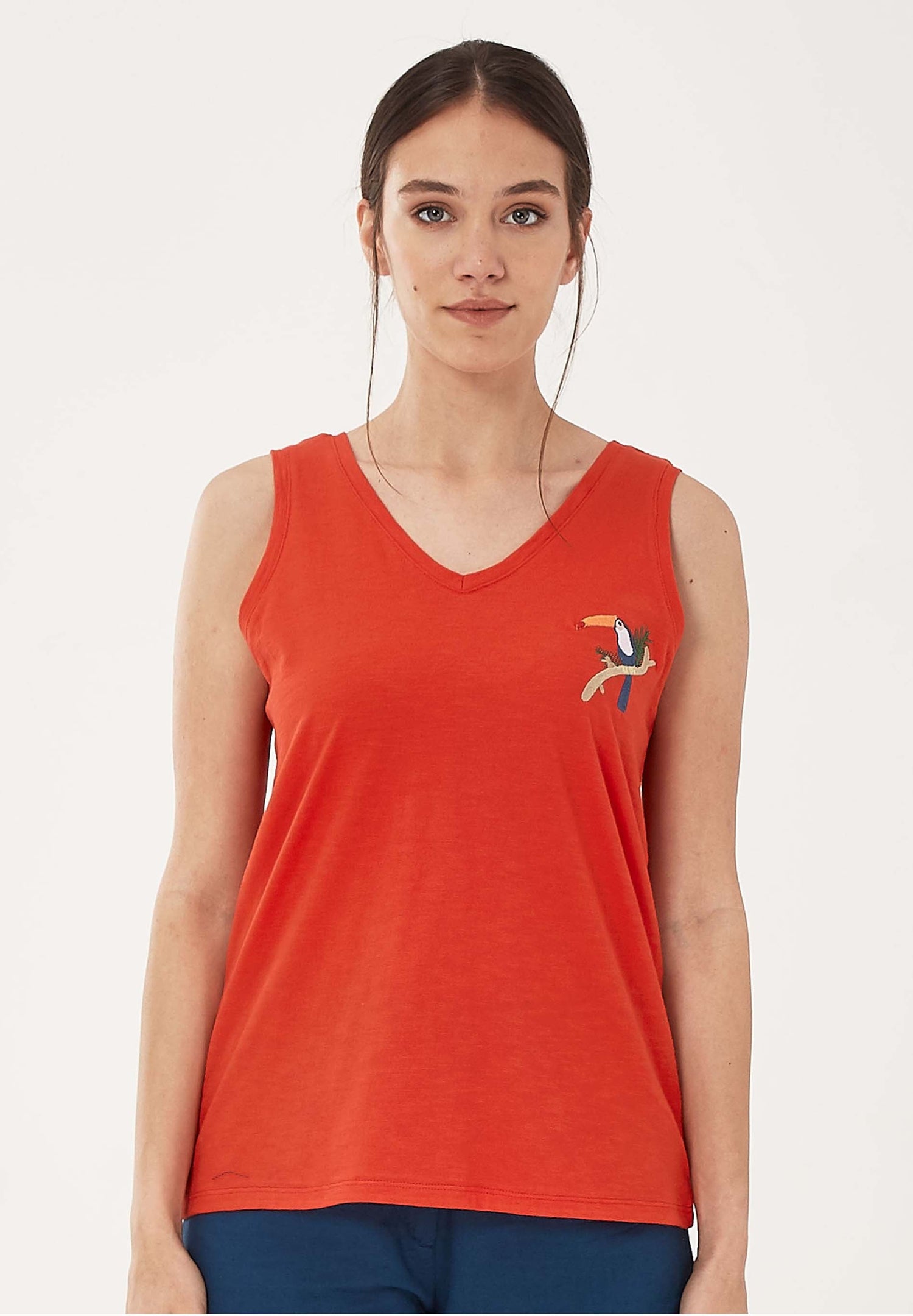 Toucan Embroidered Tank Top Red